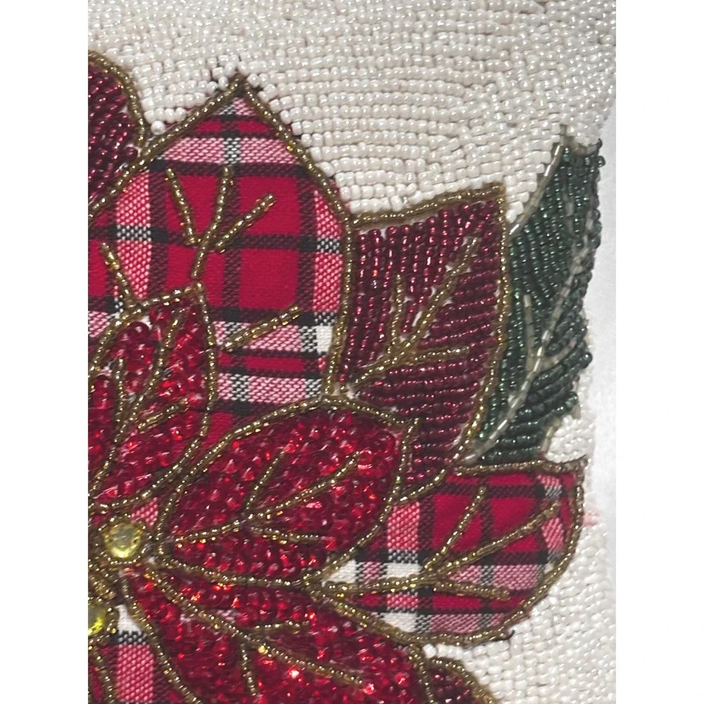 Beaded Poinsettia Plaid Christmas Decor Pillow Red Green Ivory 11
